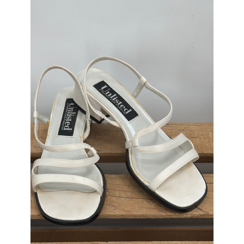 Unlisted Kenneth Cole White Strappy Block Heel Sandals Square Toe Vintage 90s 6